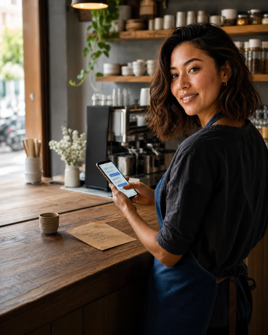 Café owner smiling while reviewing her work